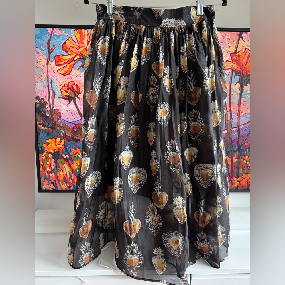 Designer-Style Black Heart-Print Midi Chiffon Skirt
